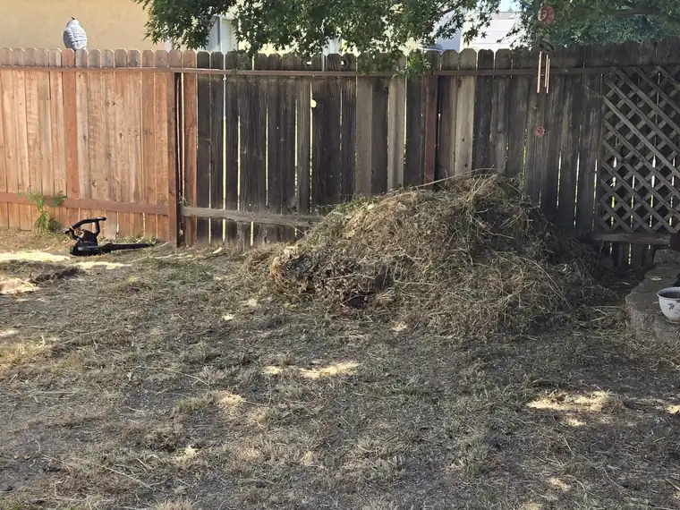 Backyard cleared with debris piled for hauling
